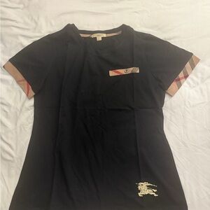 Burberry Black Tee with Plaid Trim and Gold Embroidered Knight